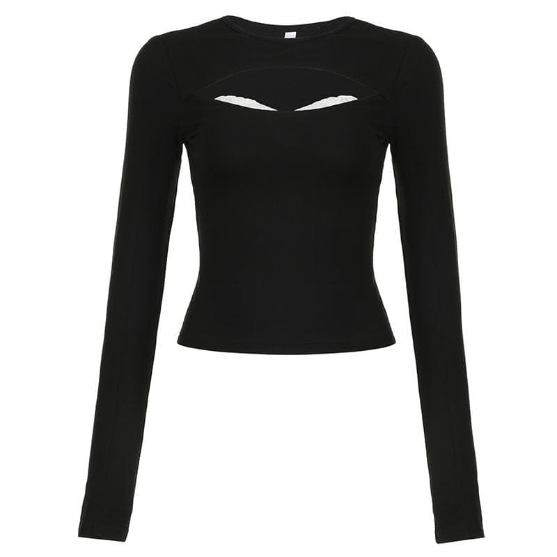 Lace hem hollow out contrast crewneck long sleeve cut out top
