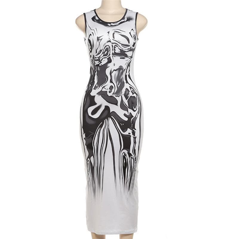 Crewneck abstract body print tank midi dress