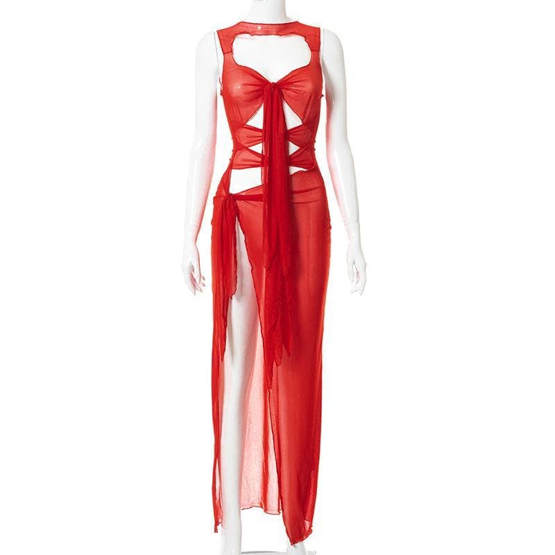 Sheer mesh see through knotted hollow out slit maxi dress  | red tango dress  | samba dress