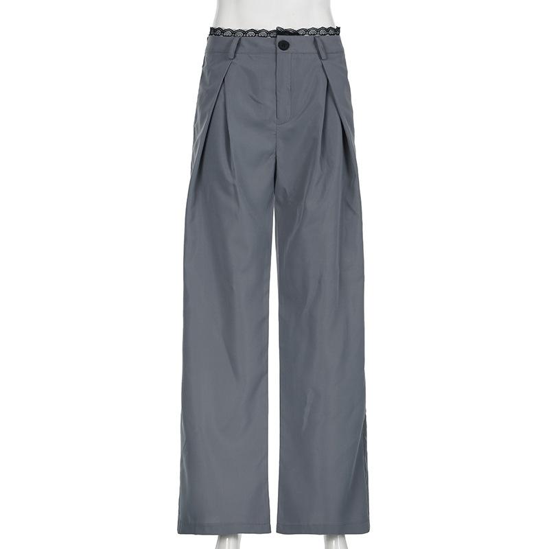 Lace hem button ruched low rise straight leg pant