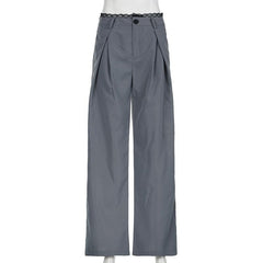 Lace hem button ruched low rise straight leg pant