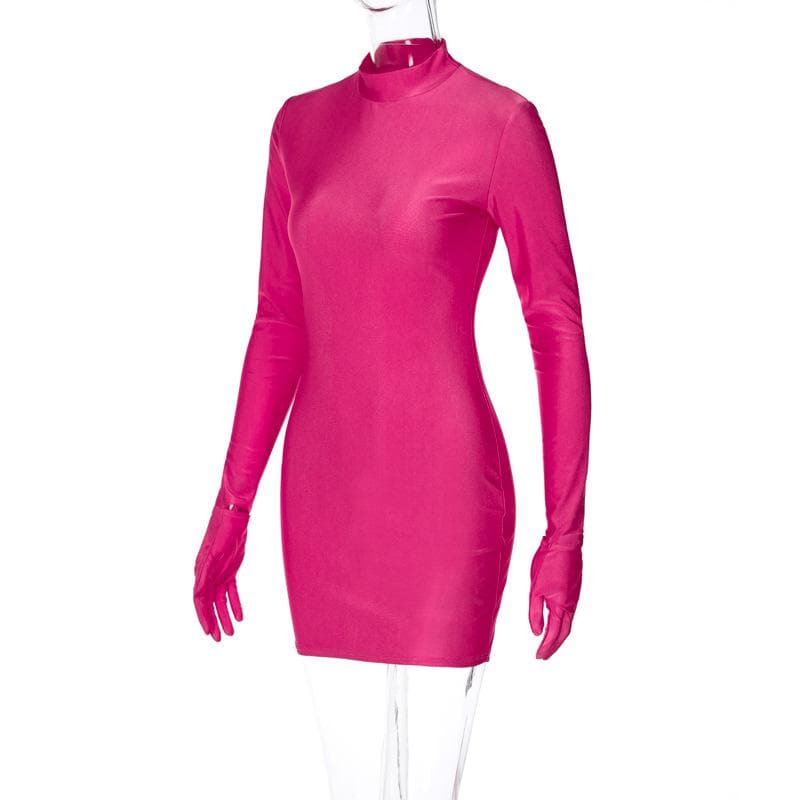 High neck long sleeve gloves solid mini dress  | red tango dress