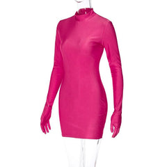 High neck long sleeve gloves solid mini dress  | red tango dress