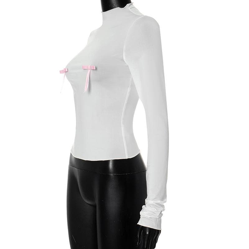 Bowknot contrast high neck long sleeve ruffle top