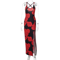 Rose print u neck slit cross back cami maxi dress  | red tango dress