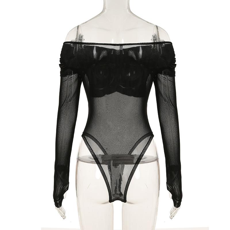 Off shoulder long sleeve mesh bodysuit