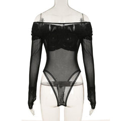Off shoulder long sleeve mesh bodysuit