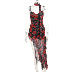 Sweetheart neck ruffle print irregular cami midi dress  | red tango dress