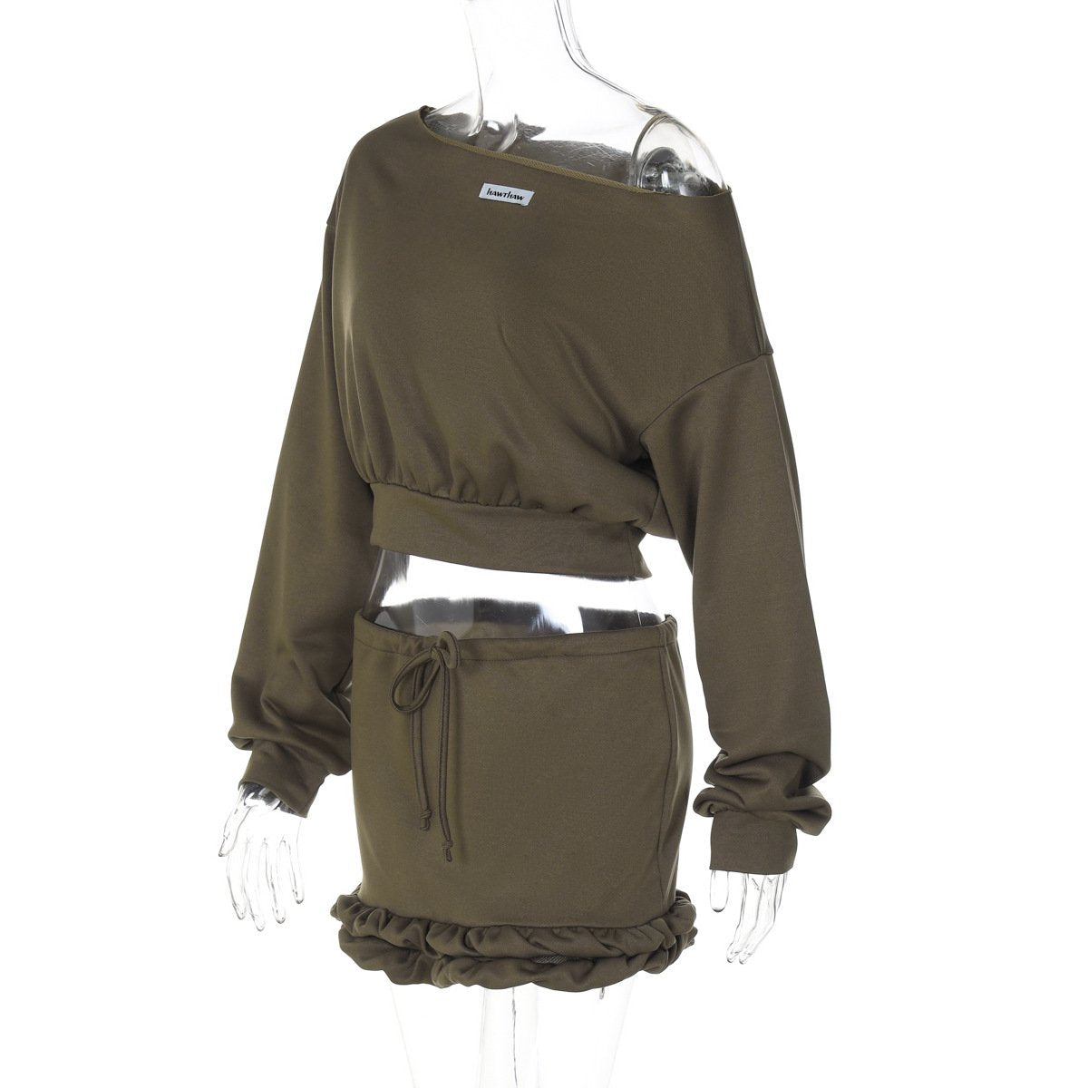 Long sleeve off shoulder self tie ruffle crop mini skirt set