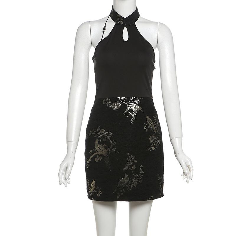 Halter print backless beaded button mini dress