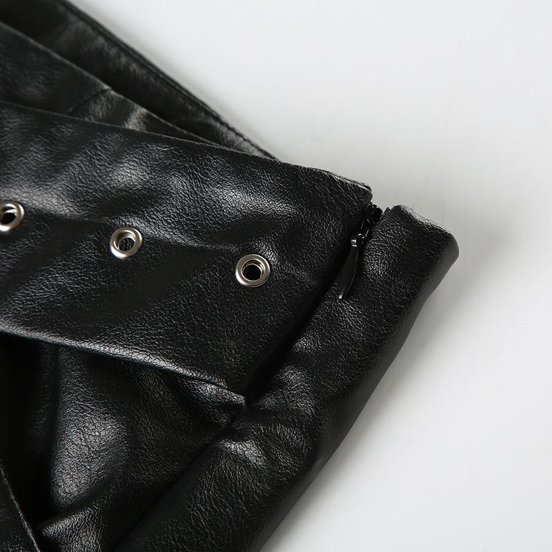 PU leather cross front buckle mini skirt