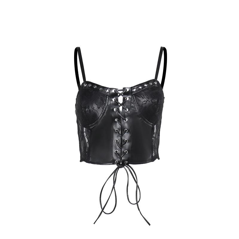 Lace up PU leather patchwork lace rivet cami top