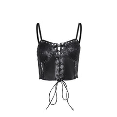 Lace up PU leather patchwork lace rivet cami top