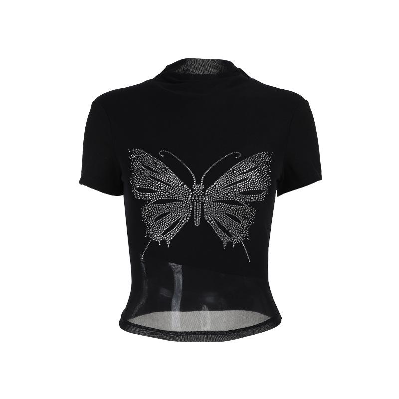 Short sleeve high neck butterfly beaded top