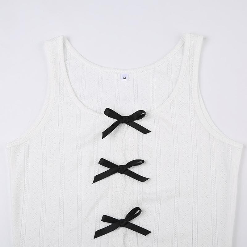 Bowknot hollow out contrast sleeveless textured cut out top