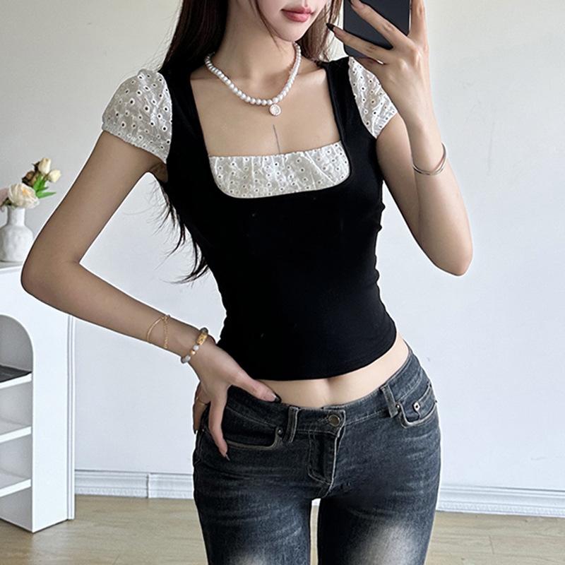 Puff sleeve square neck patchwork top