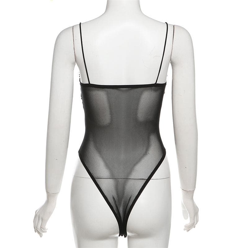 Ruched lace up mesh cami solid bodysuit
