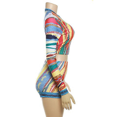 Contrast print crewneck long sleeve pant set