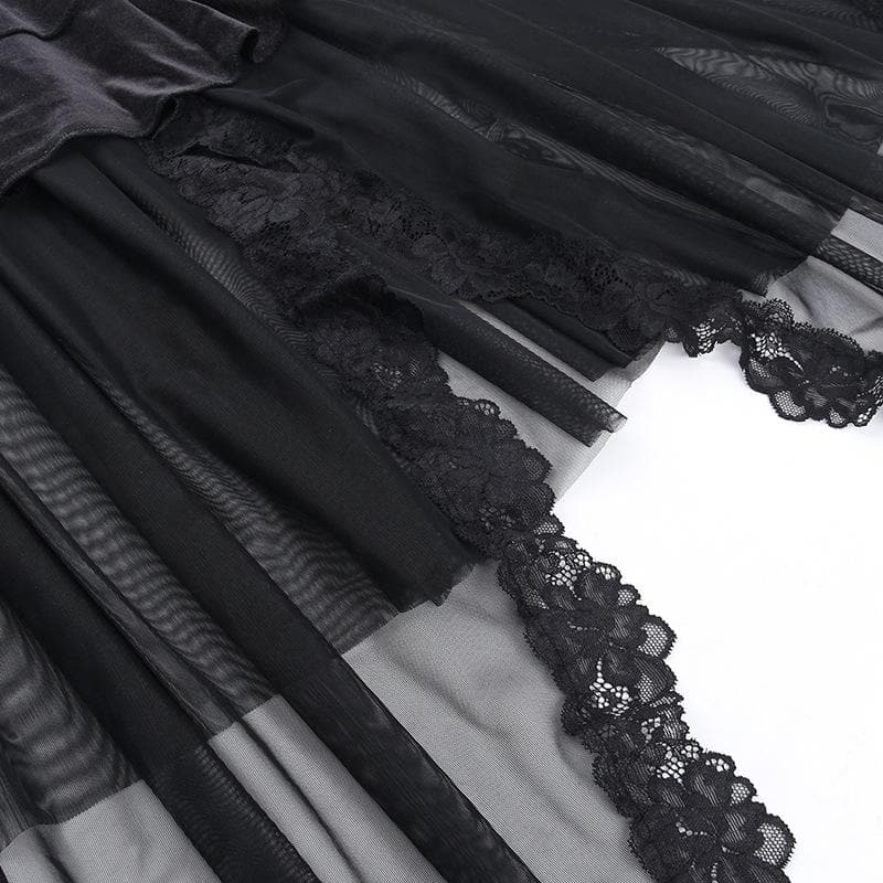 Velvet ruched solid lace hem mesh mini skirt