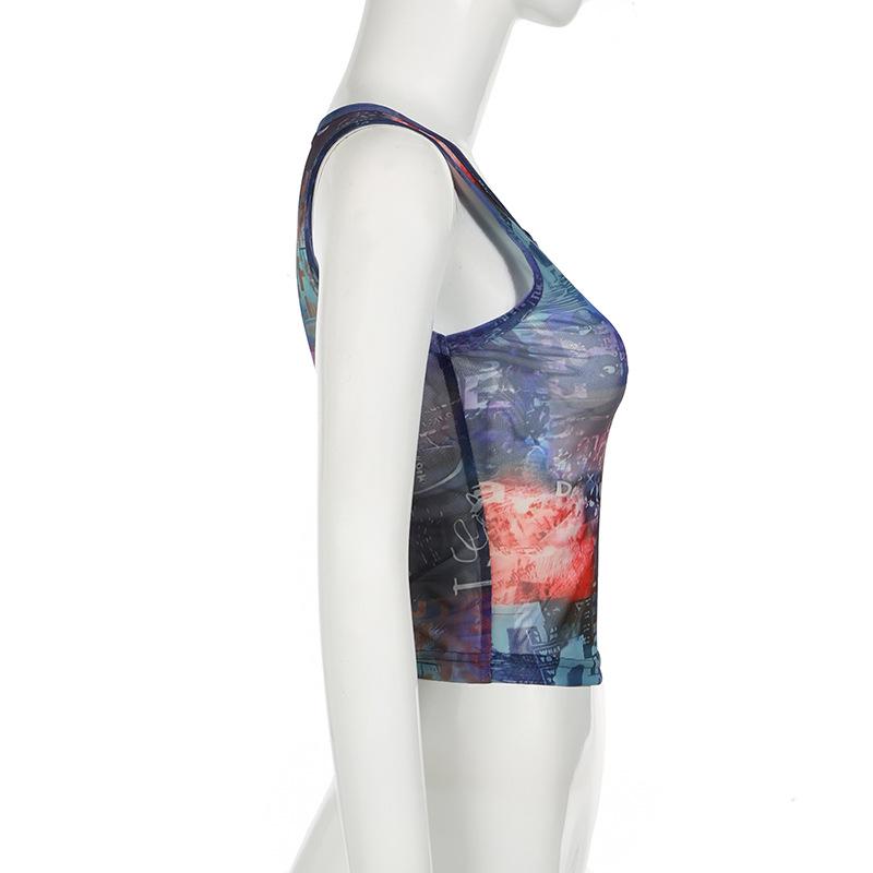 Sleeveless u neck print sheer mesh tank top