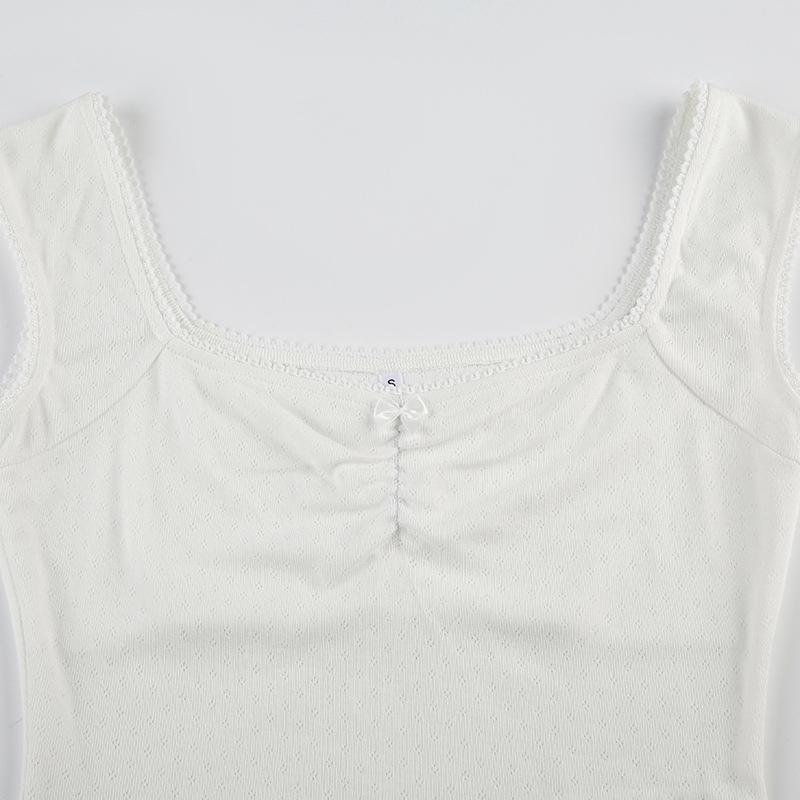 Cap sleeve ribbed bowknot textured lace hem top
