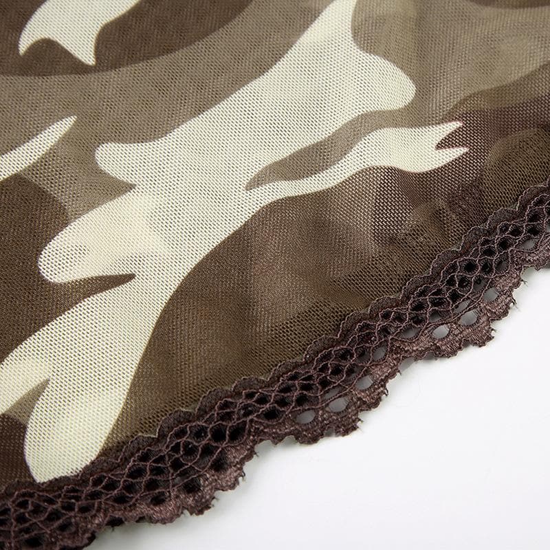 V neck mesh lace hem camouflage cami top