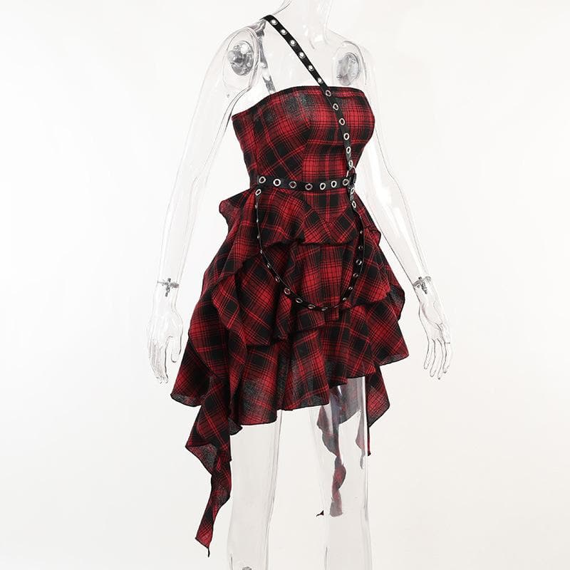 Ruffle plaid zip-up irregular one shoulder backless mini dress  | red tango dress