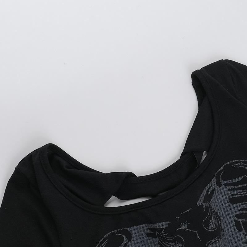 Short sleeve print hollow out o ring top