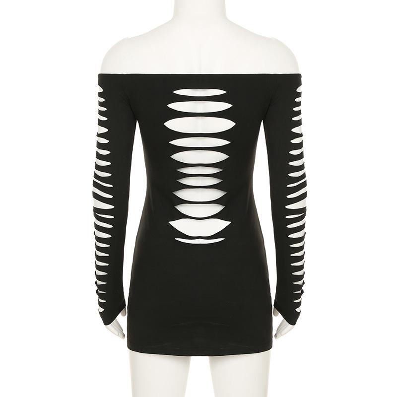 Off shoulder long sleeve hollow out mini dress