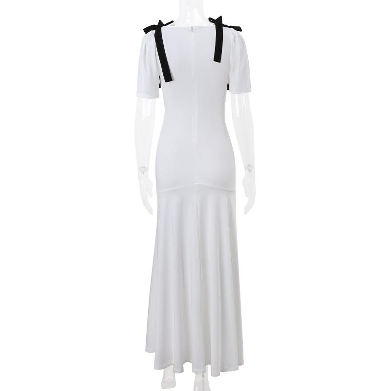 Short puff sleeve bowknot v neck maxi dress