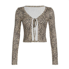 Leopard print long sleeve self tie crop top