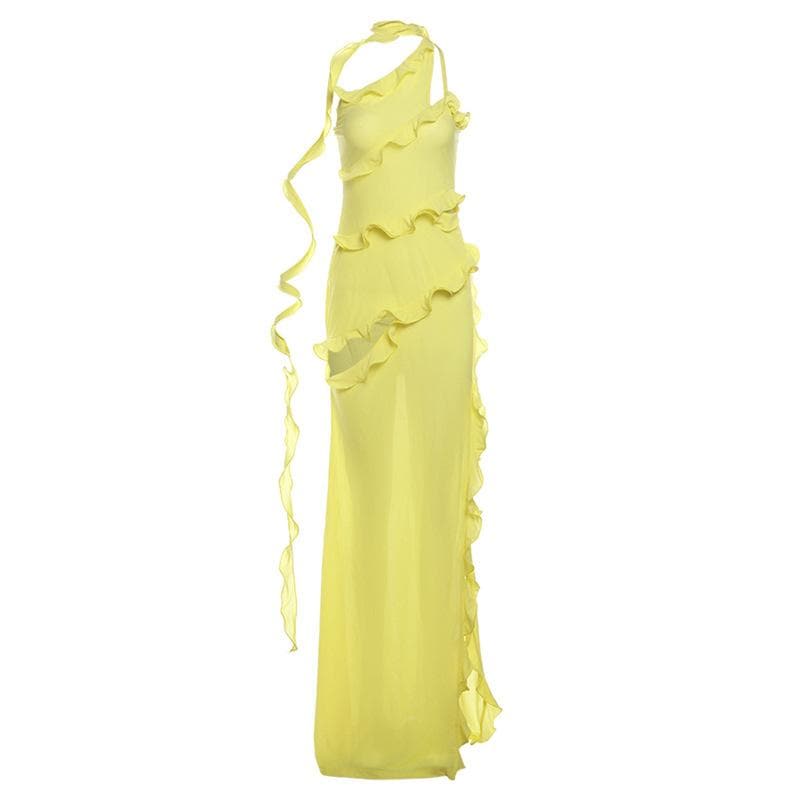 One shoulder ruffle irregular high slit maxi dress  | red tango dress