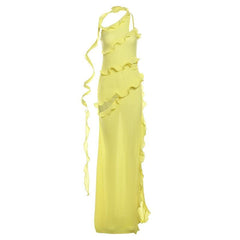 One shoulder ruffle irregular high slit maxi dress  | red tango dress