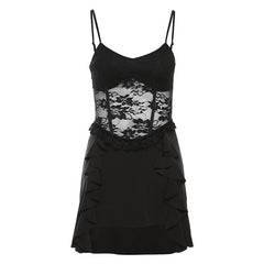 V neck ruffle lace patchwork cami mini dress