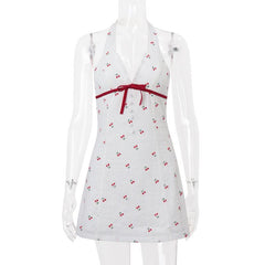 Halter v neck cherry print bowknot mini dress