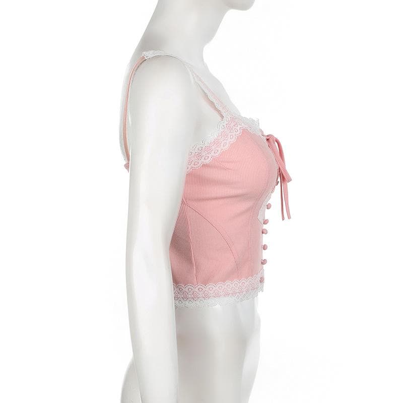 Lace up lace hem ribbed button stitch cami top