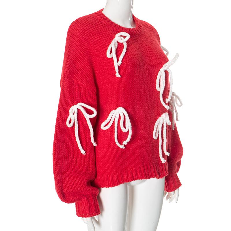 Long sleeve crewneck bowknot knitted top