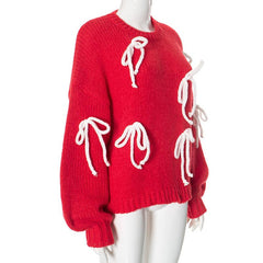 Long sleeve crewneck bowknot knitted top