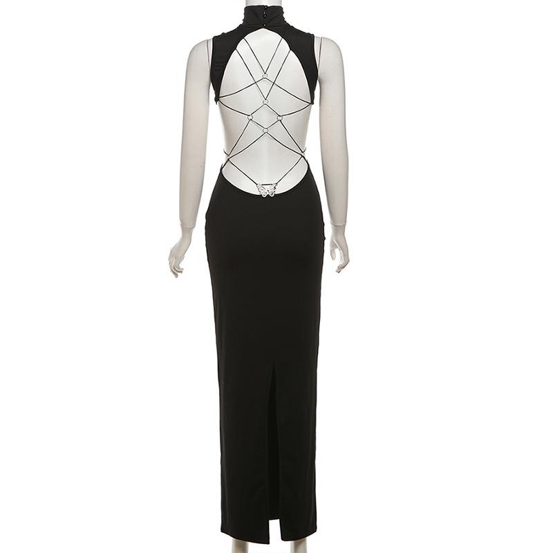 High neck butterfly pattern o ring button maxi dress