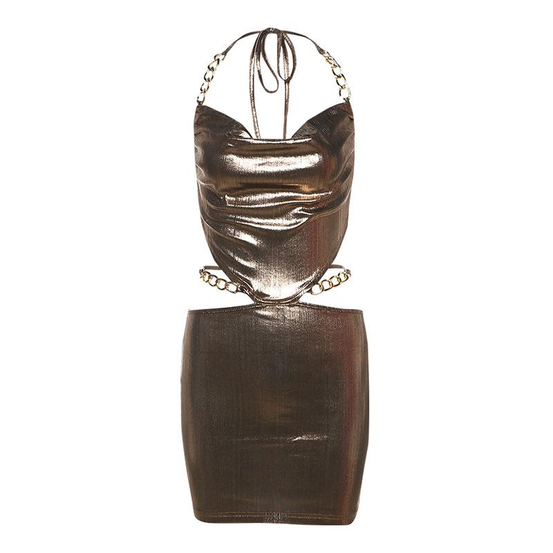 Cowl neck halter metal chain hollow out mini dress
