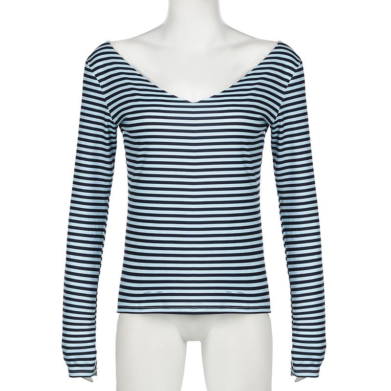 V neck long sleeve striped top