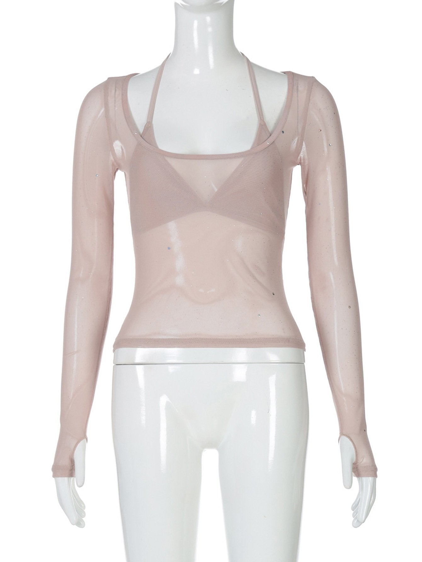 Halter v neck long sleeve mesh 2 piece top