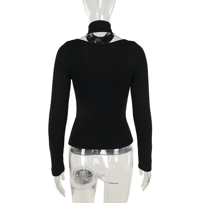Halter long sleeve button self tie top