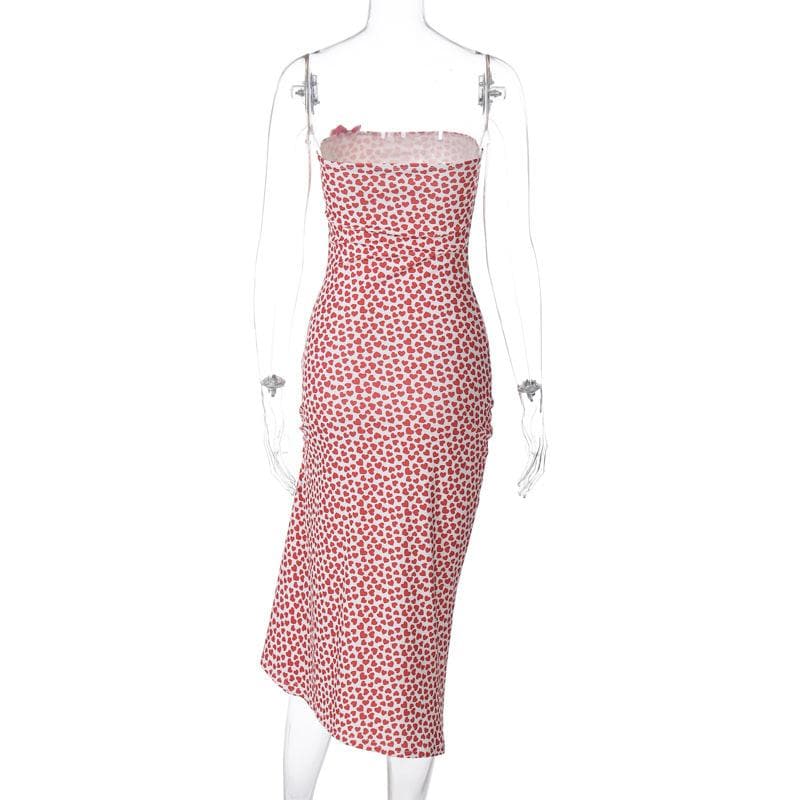 Heart print contrast slit bowknot backless tube midi dress  | red tango dress