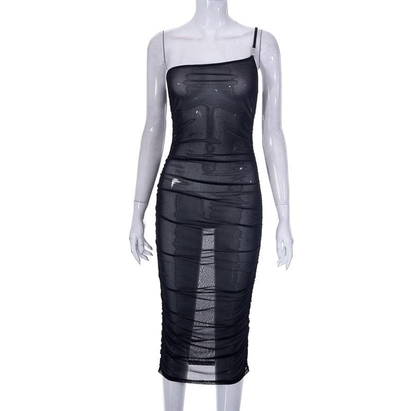 Sheer mesh see through one shoulder ruched irregular midi dress  | samba dress
