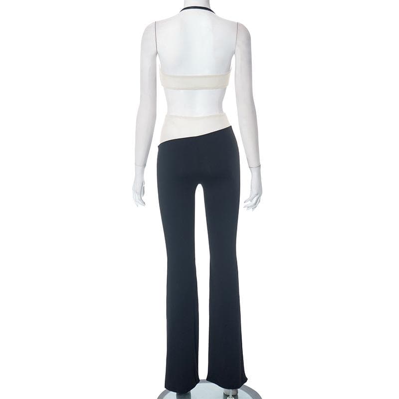 Halter backless mesh patchwork contrast palm pattern pant set