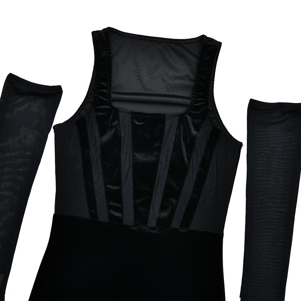 Square neck gloves mesh patchwork velvet mini dress