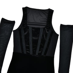 Square neck gloves mesh patchwork velvet mini dress