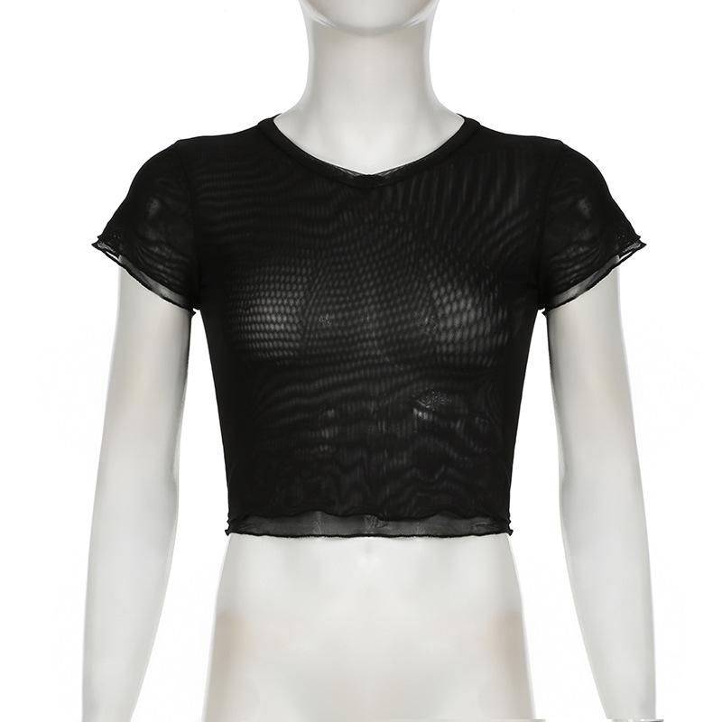 Short sleeve sheer mesh ruffle crop top