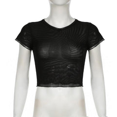Short sleeve sheer mesh ruffle crop top